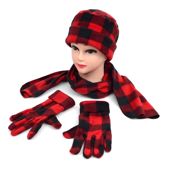 Women's Fleece Winter Hat Scarf & Gloves Set Tartan Plaid Matching Outfit 3-Pc - Picture 4 of 6